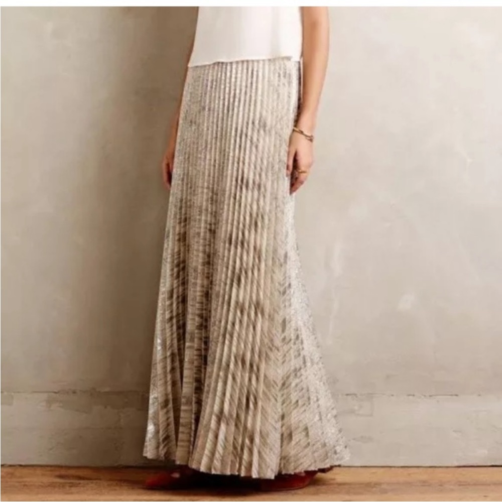 Anthropologie Metallic Pleated Maxi Skirt in Champagne